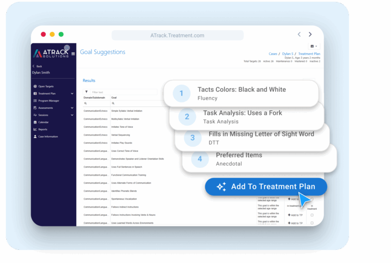 ATrack Solutions goal suggestions screen listing ranked recommendations such as Tacts Colors Black and White, Task Analysis Uses a Fork, and Fills in Missing Letter of Sight Word, with an Add To Treatment Plan action