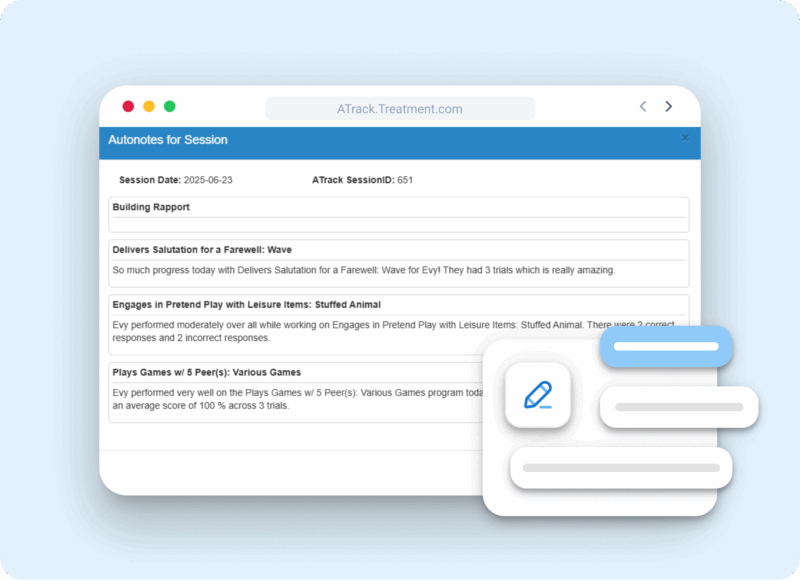 ATrack Solutions Autonotes for Session dialog showing a session date and ID with generated narrative entries for building rapport, delivering a salutation, pretend play and peer games, each citing trial counts and scores