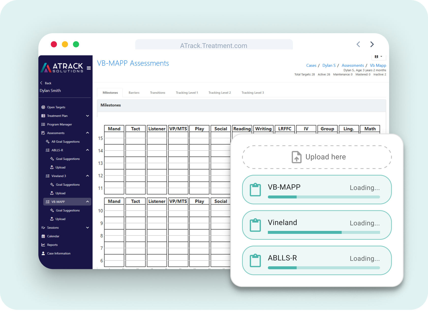 ATrack Solutions VB-MAPP assessment screen showing the milestones grid with Mand, Tact, Listener, VP/MTS, Play and Social columns, alongside an upload panel loading VB-MAPP, Vineland and ABLLS-R