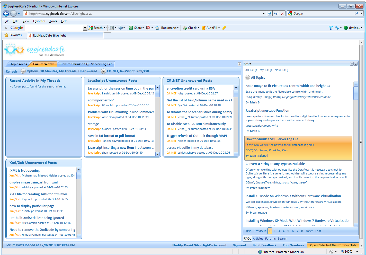 Forum Watch — live panels of recent activity and unanswered posts