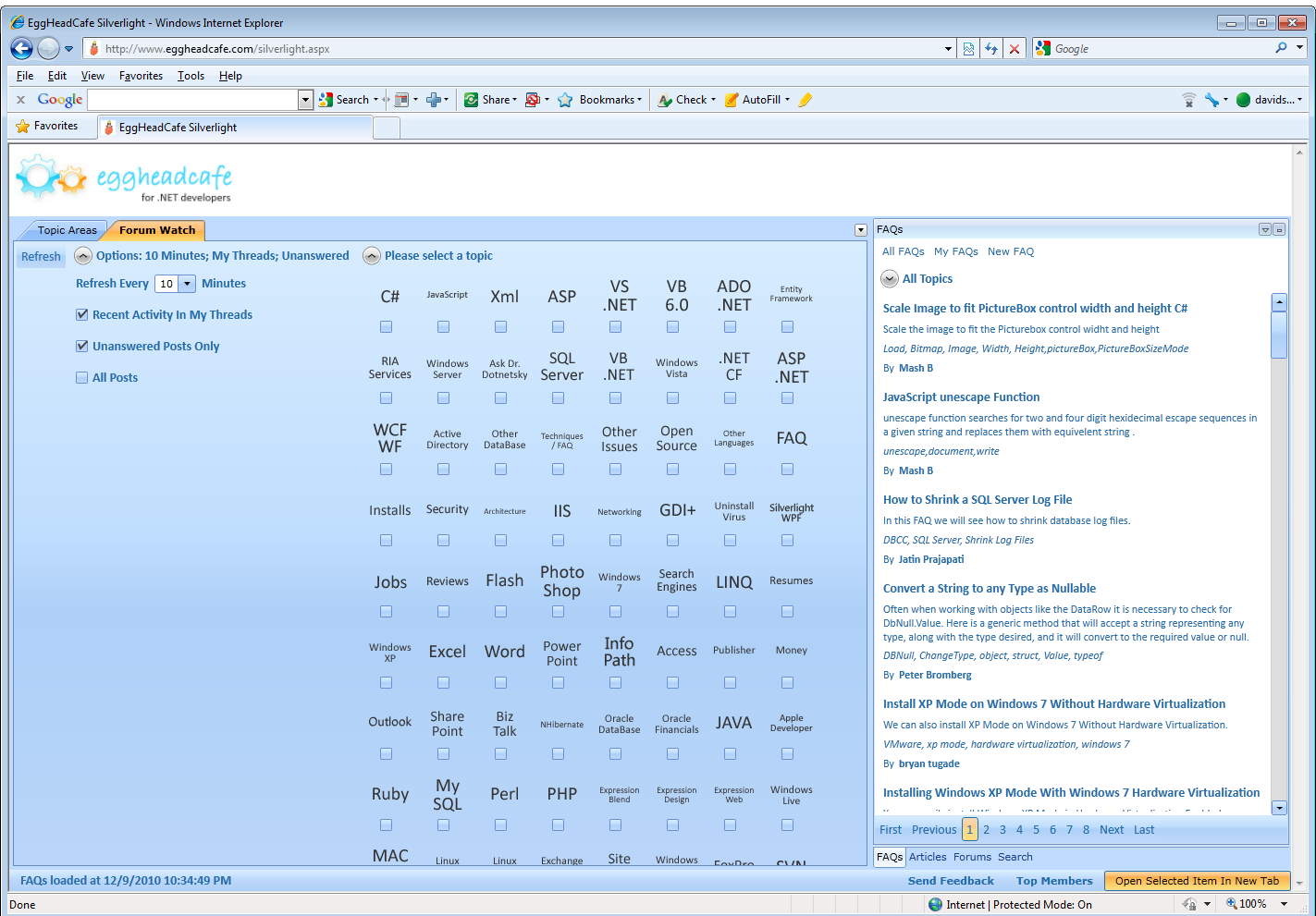 Forum Watch options — topic selection grid and refresh settings