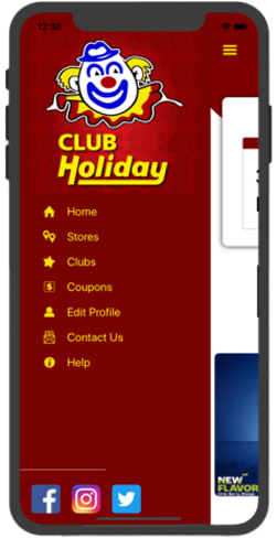 Branded navigation drawer with Holiday clown mascot