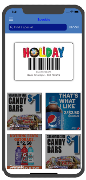 Specials page with member barcode and weekly deals