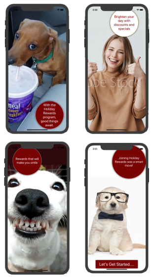 Onboarding tour screens introducing Holiday Rewards