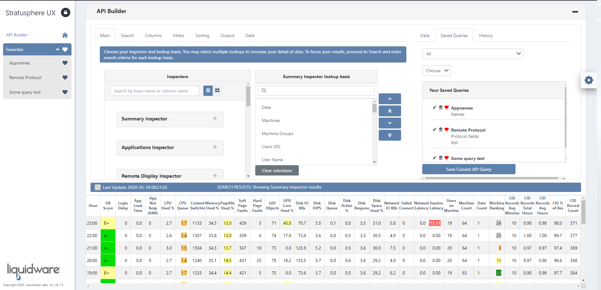 Stratusphere API Builder main screen with inspectors, lookup basis, saved queries, and live results grid