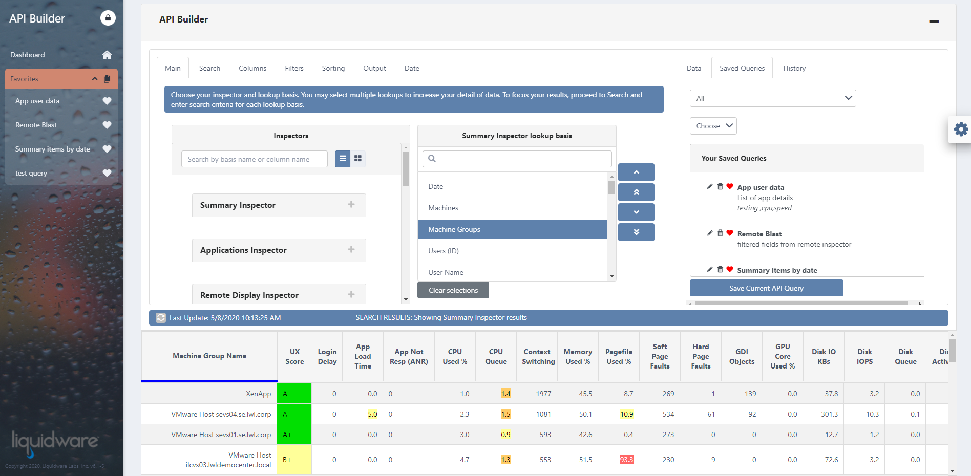 Stratusphere API Builder favorites shortcuts docked in the left navigation
