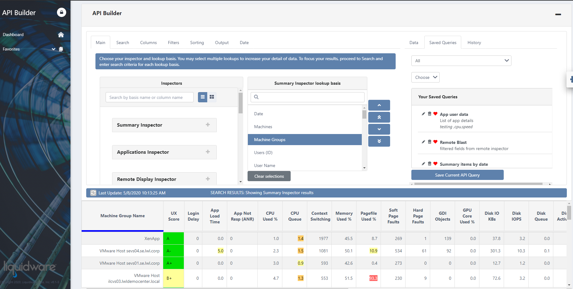 Stratusphere API Builder saved queries panel with editable favorites