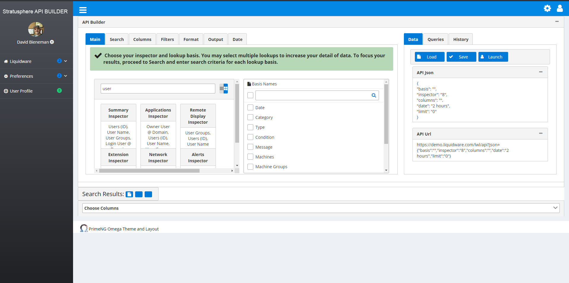 Stratusphere API Builder inspector grid view with basis-name selection