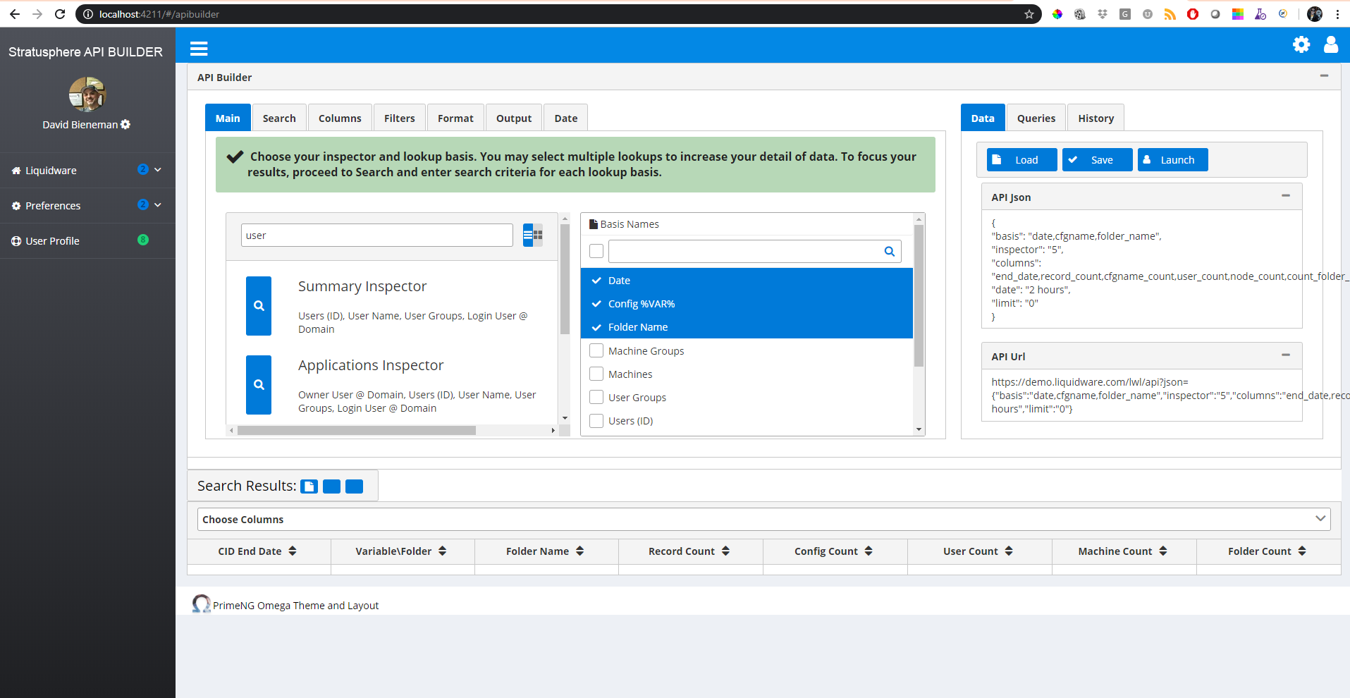 Stratusphere API Builder inspector list view with basis name search