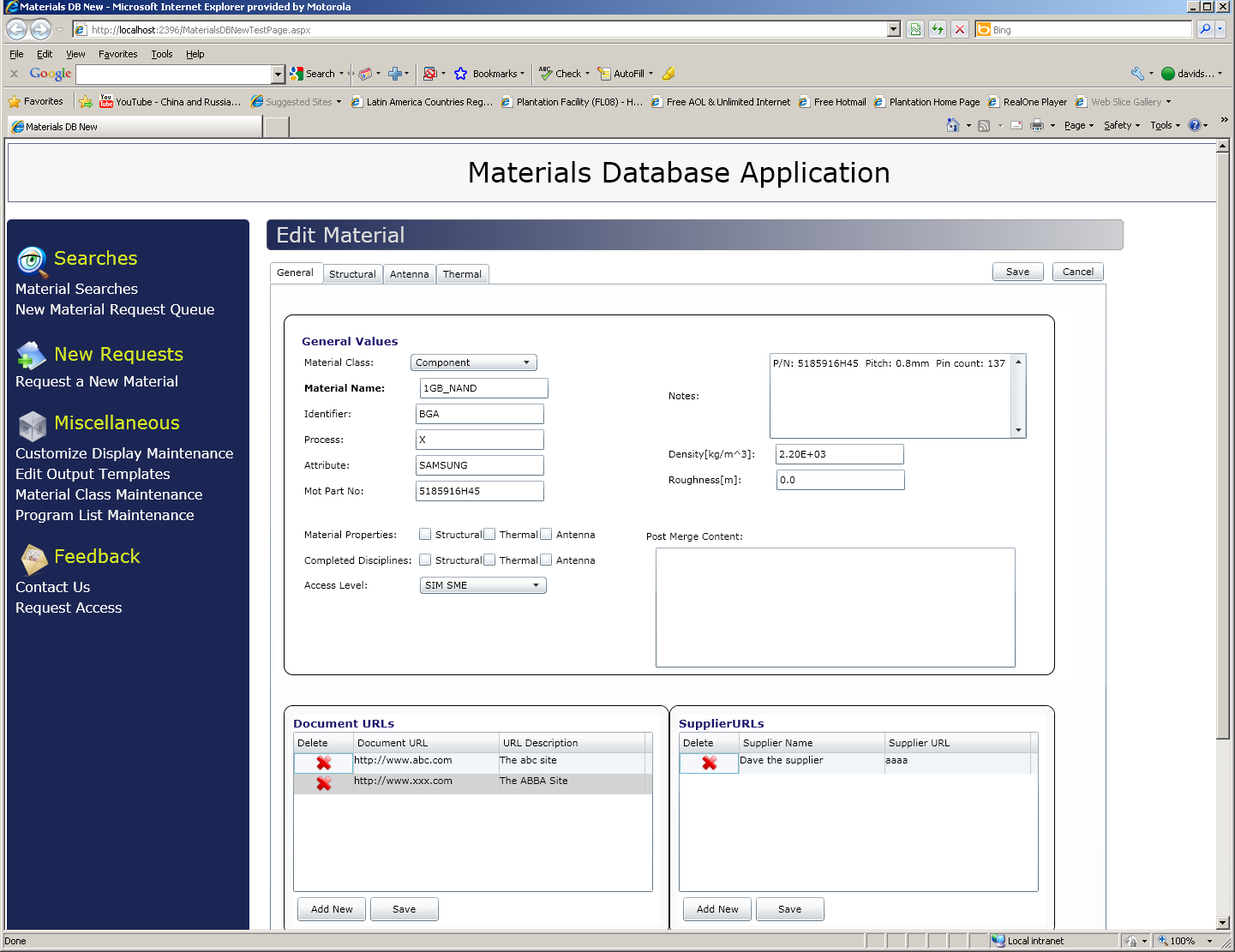 Edit Material — tabbed editor with general values, document and supplier links