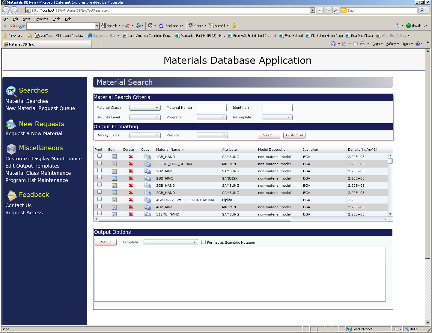 Material Search — criteria, results grid and output options