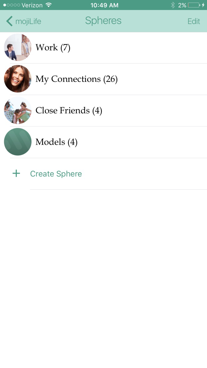 Moji spheres — organize life into Work, Connections and Close Friends