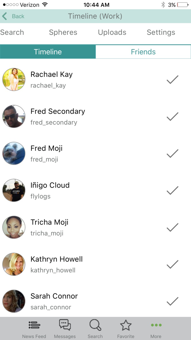 Moji timeline filtered by sphere with friends list