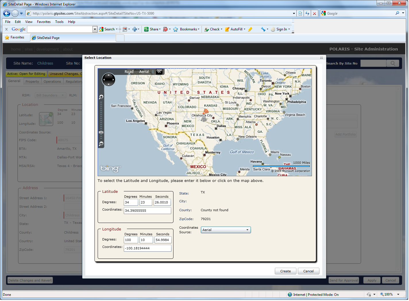 Select Location — integrated Bing Maps latitude/longitude picker