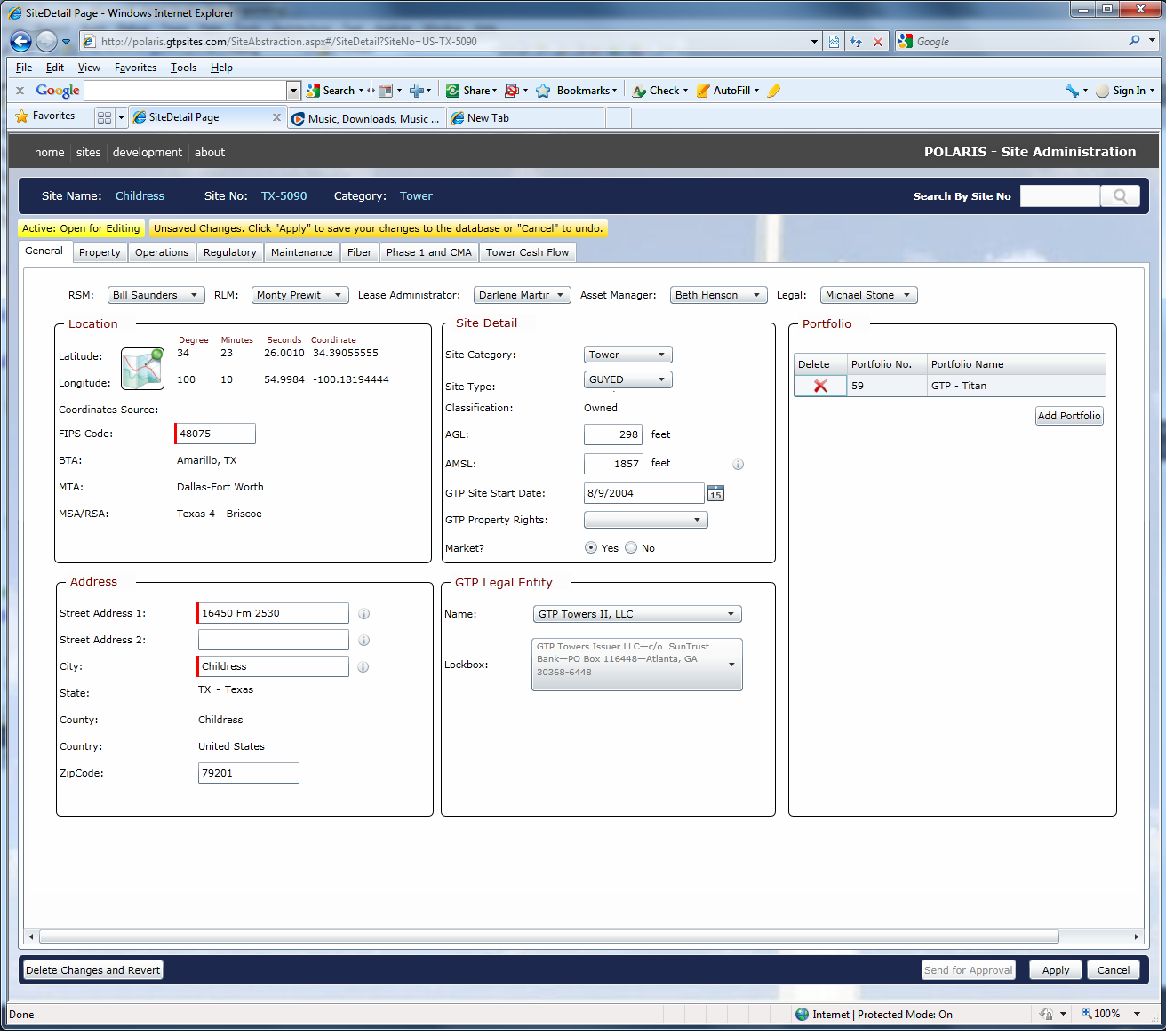 Site Administration — General: location, site detail, portfolio and legal entity