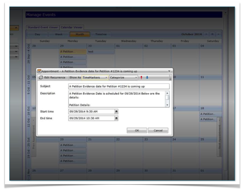 Appointment dialog — petition evidence date detail