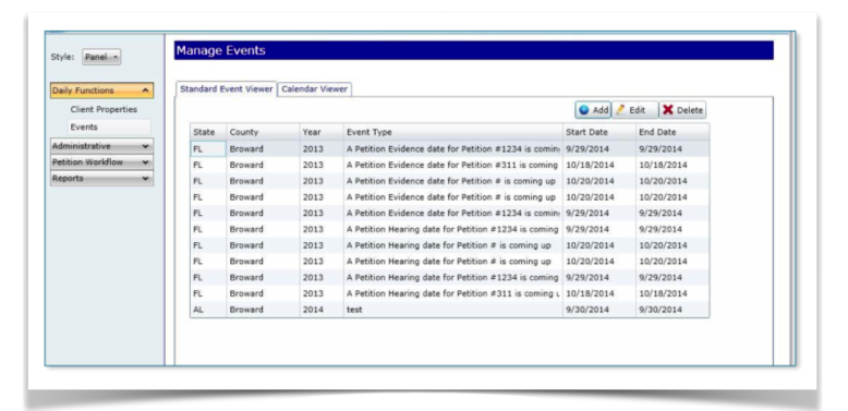 Manage Events — calendar month view of petition deadlines