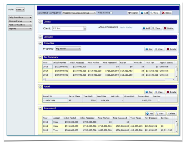 Client and property hub — clients, properties, tax summary, parcel and assessment grids