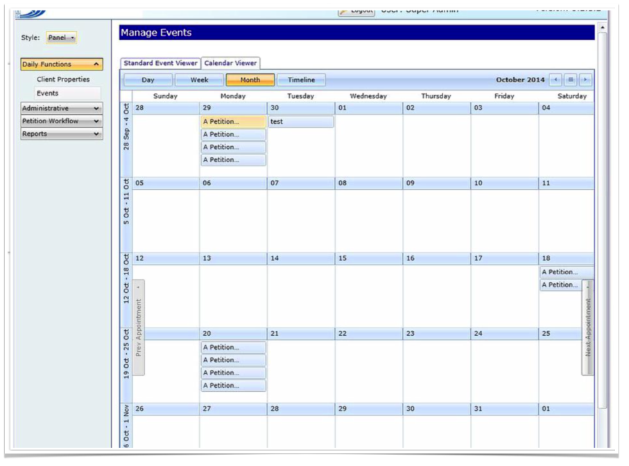 Standard Event Viewer — list of petition events by state and county