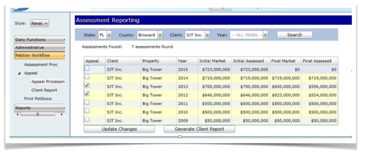Assessment Reporting — select appeals and generate client report