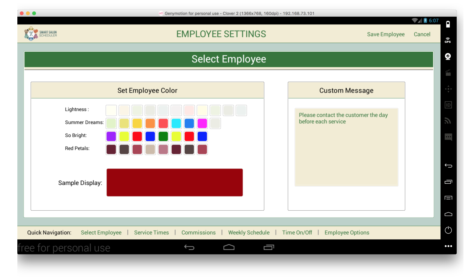 Salon Scheduler employee settings